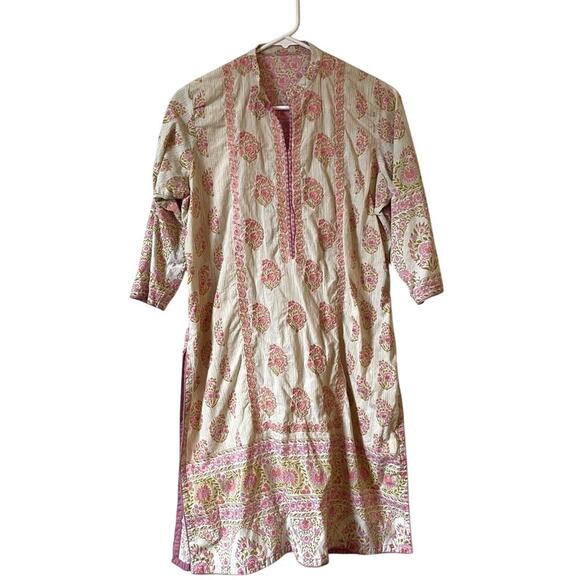 Vintage Cultural Kurta Sheath Floral Pink and Green Sheath Indian Dress - Picture 1 of 7